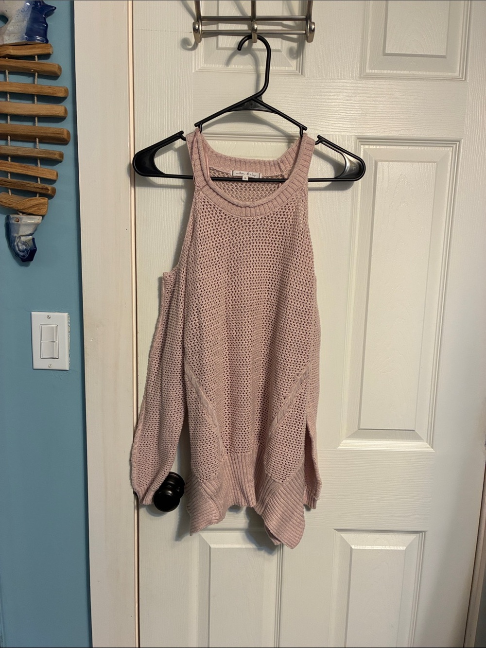 Oversized Pink Open-Knit Cold Shoulder Sweater -